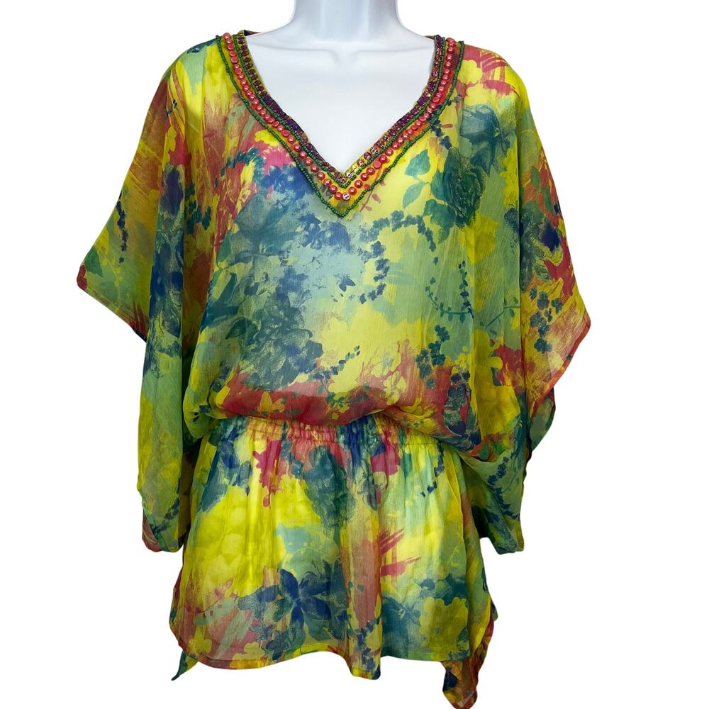 Studio thirtysix 36 Sheer Top V-neck S/M Flowy Colorful Bright Summer